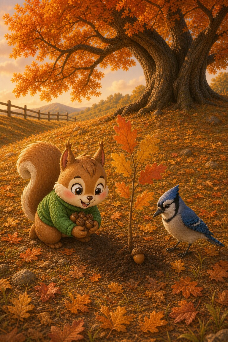 In autumn, Nutmeg leaves an acorn beside her young tree for a blue jay.