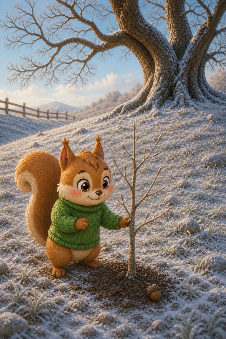 In winter, frost covers the hill and Nutmeg stands beside her small bare tree.
