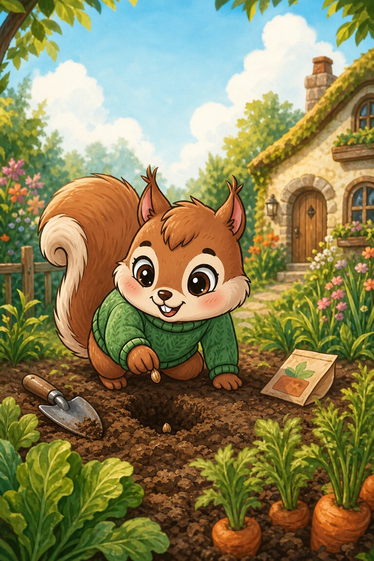 Nutmeg the squirrel plants a seed in a garden bed with a small trowel.