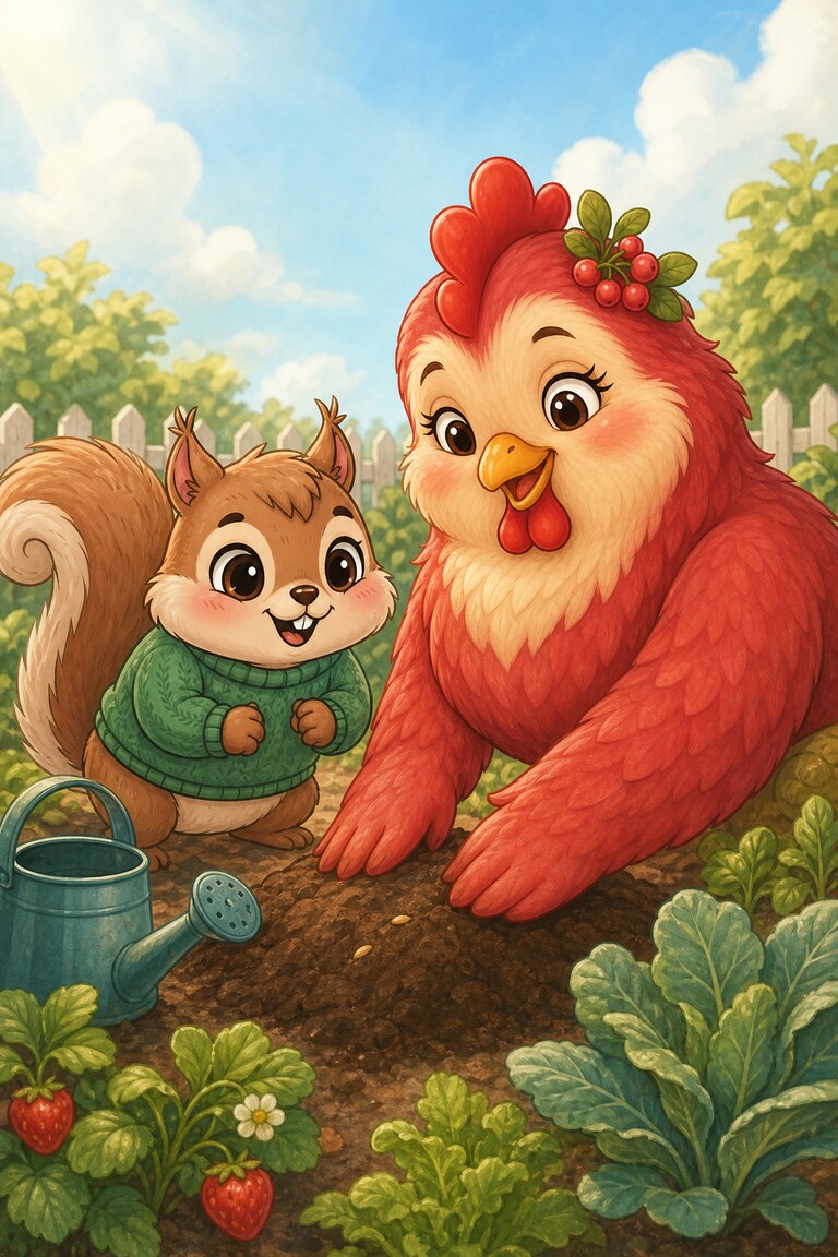 Hen-Berry kneels beside Nutmeg to cover the soil again.