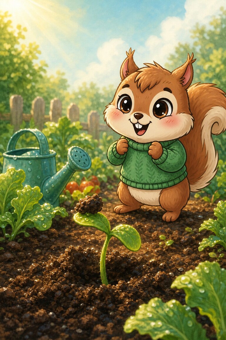 A green sprout pokes up from the soil next to Nutmeg and a watering can.