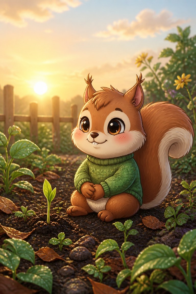 Nutmeg sits happily in her small garden of young plants at sunset.