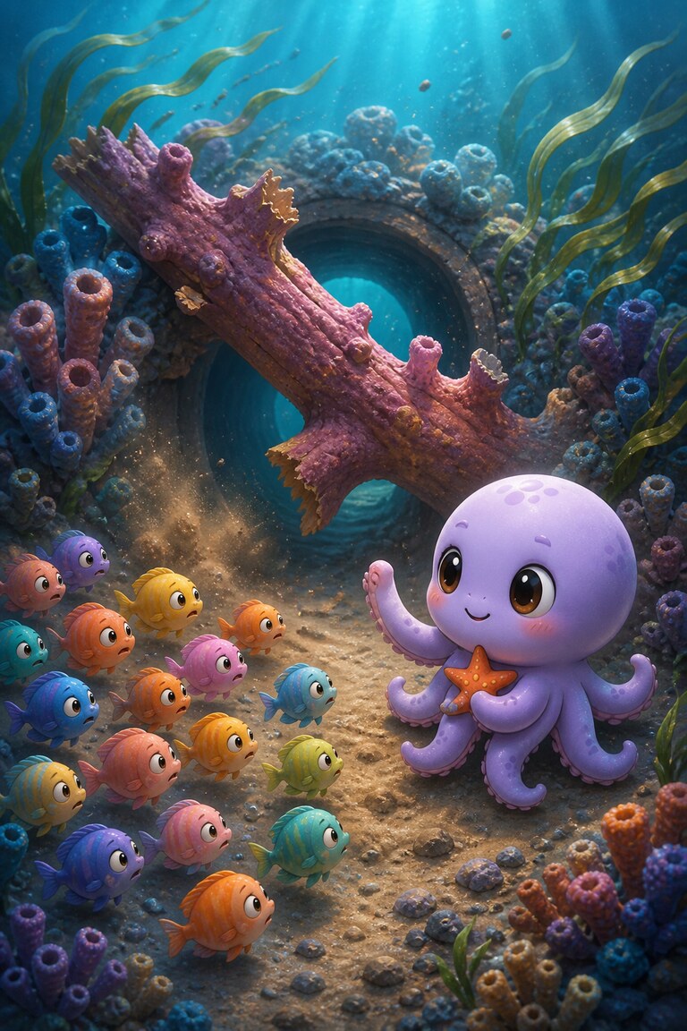 Octo-Pop, a purple octopus with an orange star, meets tiny fish beside fallen coral blocking a reef arch.