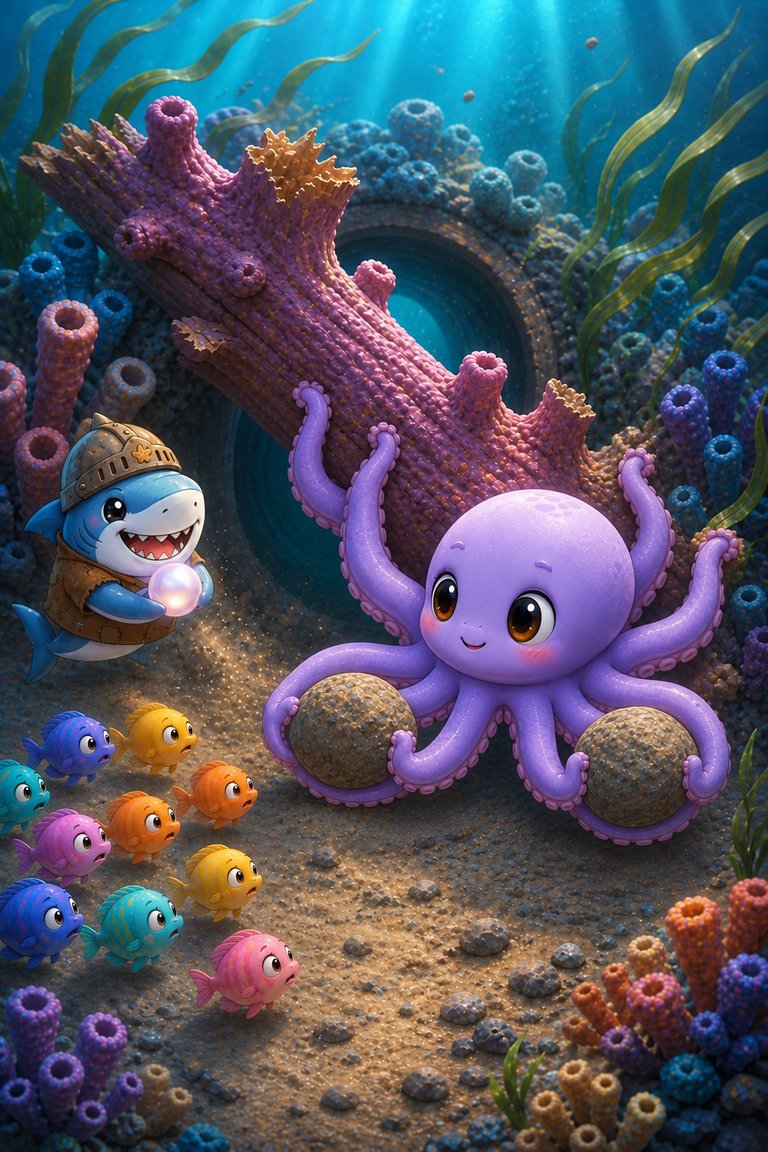 Octo-Pop carries two stones while steadying the coral; helmeted Cereal-Swimmer arrives with a glowing pearl.