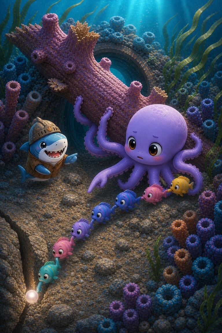 Tiny fish form a passing chain towards a glowing pearl in a crack while Octo-Pop holds the coral.