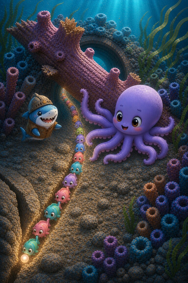 A chain of colourful fish returns the glowing pearl through the cleared reef arch.
