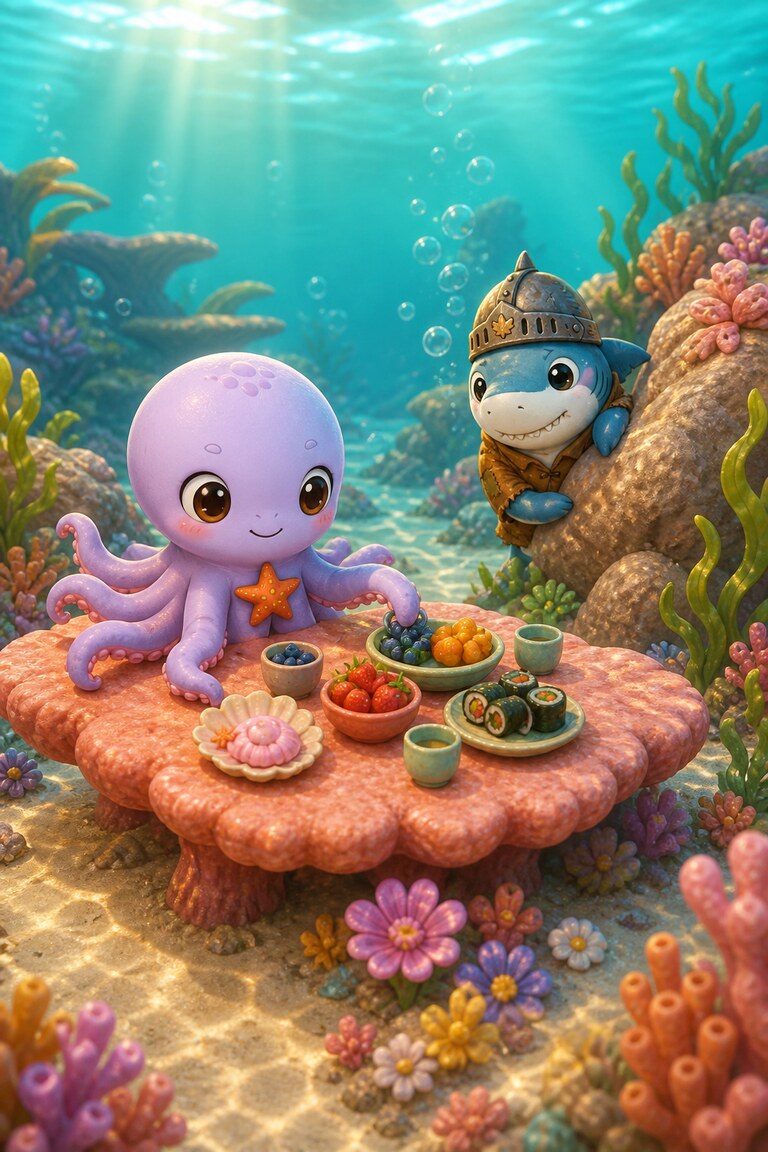 Octo-Pop sets out a coral picnic while Cereal-Swimmer peeks out from behind a rock.