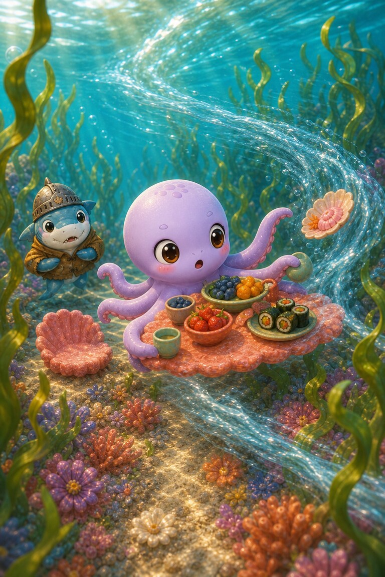 A swirling current carries a pink shell away from Octo-Pop's picnic.