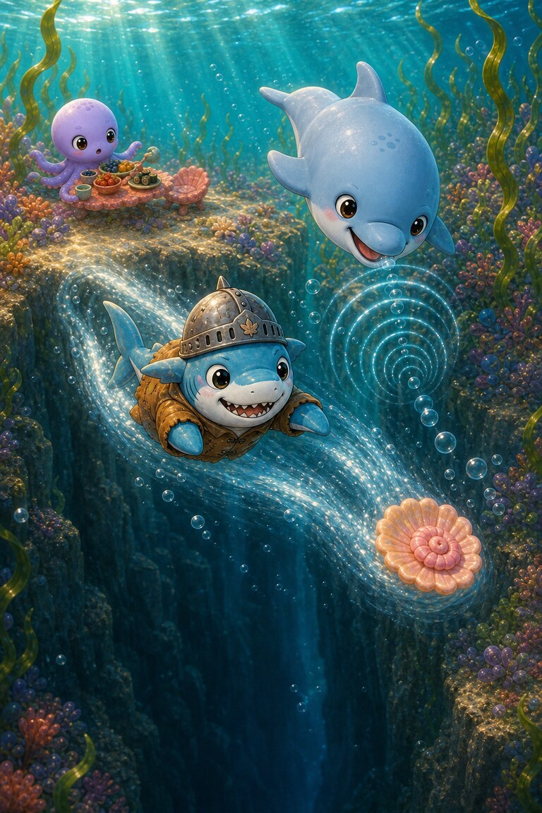 Cereal-Swimmer races after the shell towards a deep trench as Bottle-Nose the dolphin clicks directions.