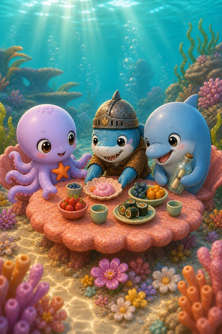 Octo-Pop, Cereal-Swimmer and Bottle-Nose share the picnic together.