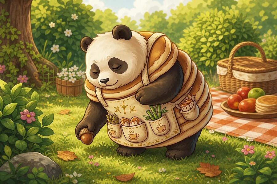 Panda-Cake picks up an acorn beside the picnic rug in her sunny garden.