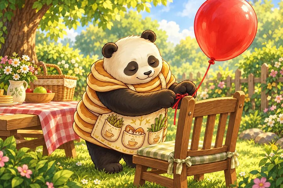 Panda-Cake ties a red balloon to the back of her wooden picnic chair.