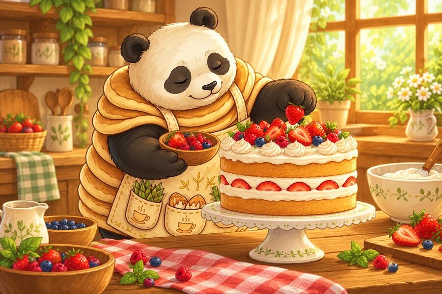 Panda-Cake places red berries on top of a large layered cake.
