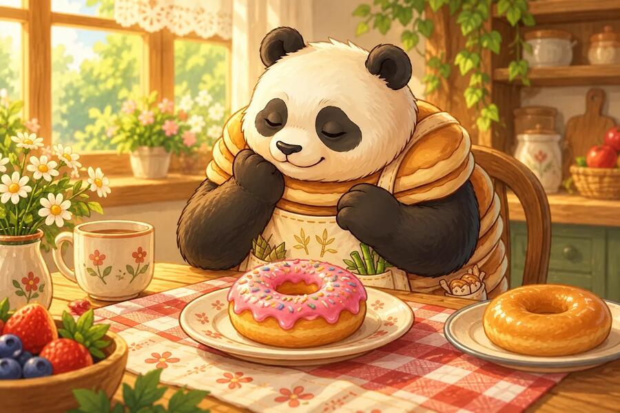 Panda-Cake saves a pink sprinkle doughnut beside a plain doughnut.