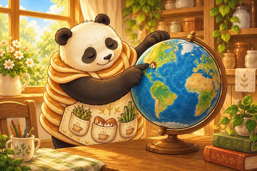 Panda-Cake spins a globe and points to a little home marker.