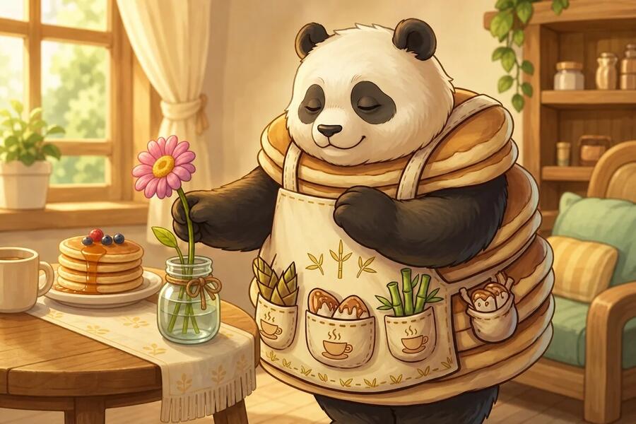 Panda-Cake places a pink flower in a clear jam jar.