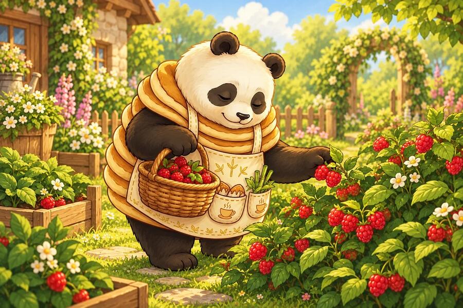 Panda-Cake picks red berries into a basket in her cottage garden.