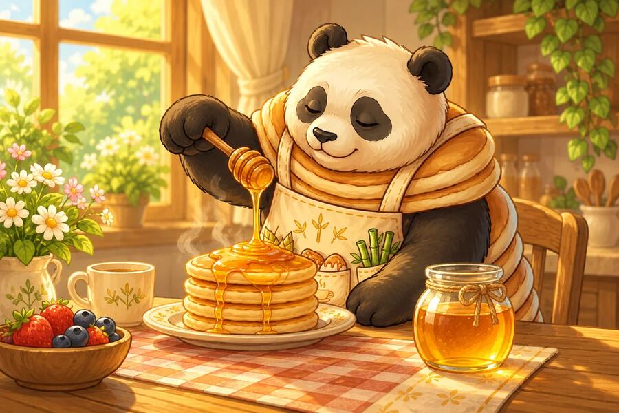 Panda-Cake drizzles golden honey from a dipper onto hot pancakes.
