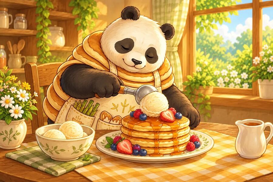Panda-Cake adds a small scoop of vanilla ice cream to her pancakes.