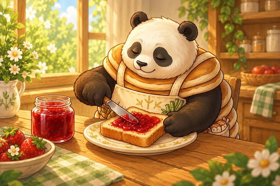 Panda-Cake spreads red jam onto a square slice of toast.