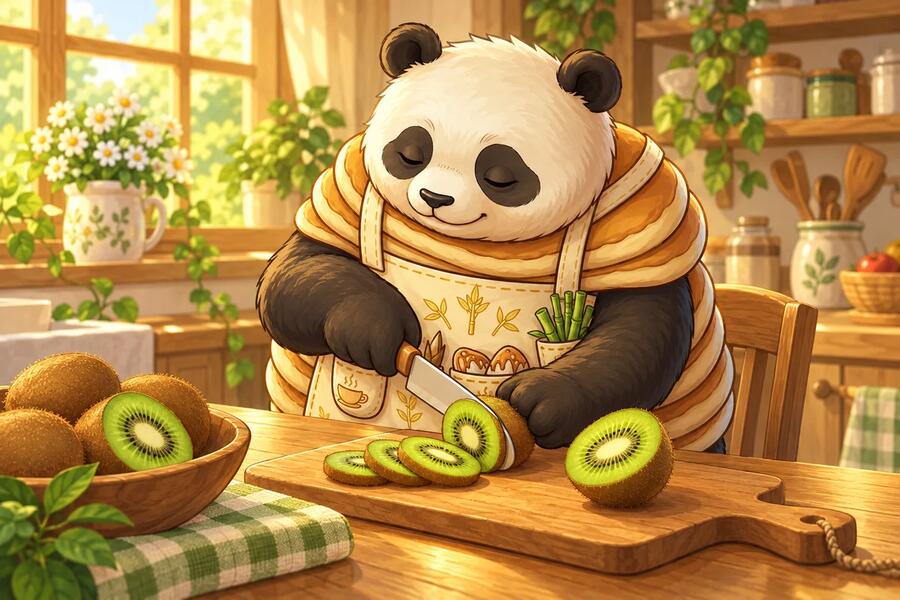 Panda-Cake cuts a kiwi fruit into small green slices on a board.