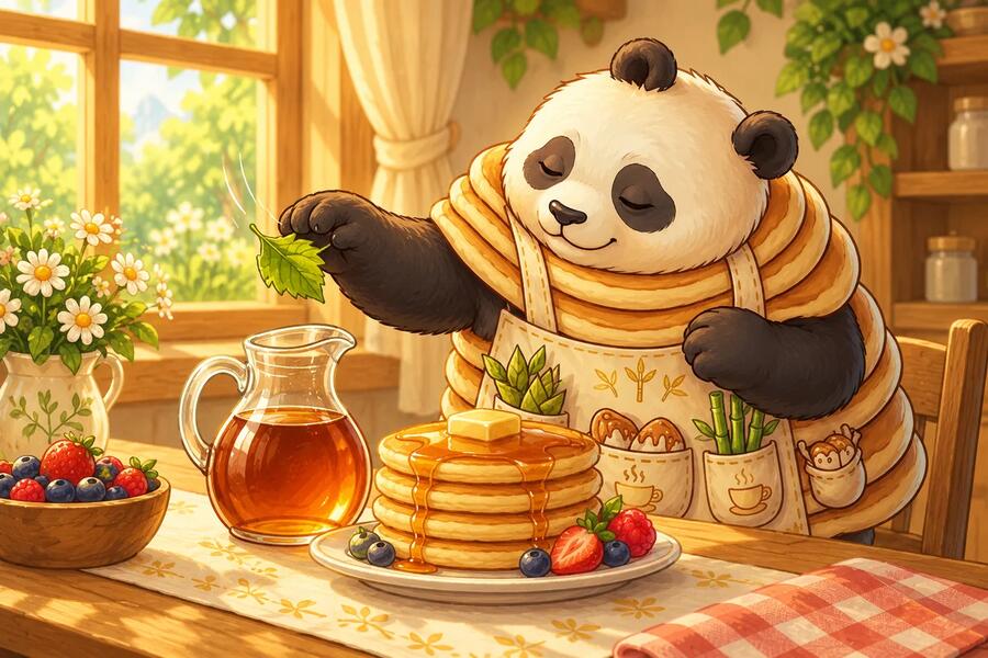 Panda-Cake catches a green leaf above the open syrup jug.