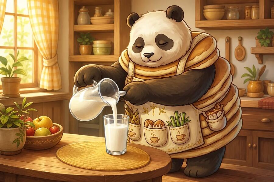 Panda-Cake pours milk from a glass jug into a glass without spilling.