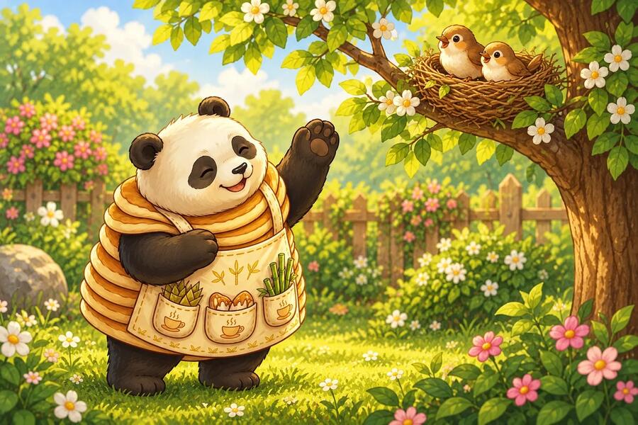 Panda-Cake waves from the ground to two birds in a twig nest.