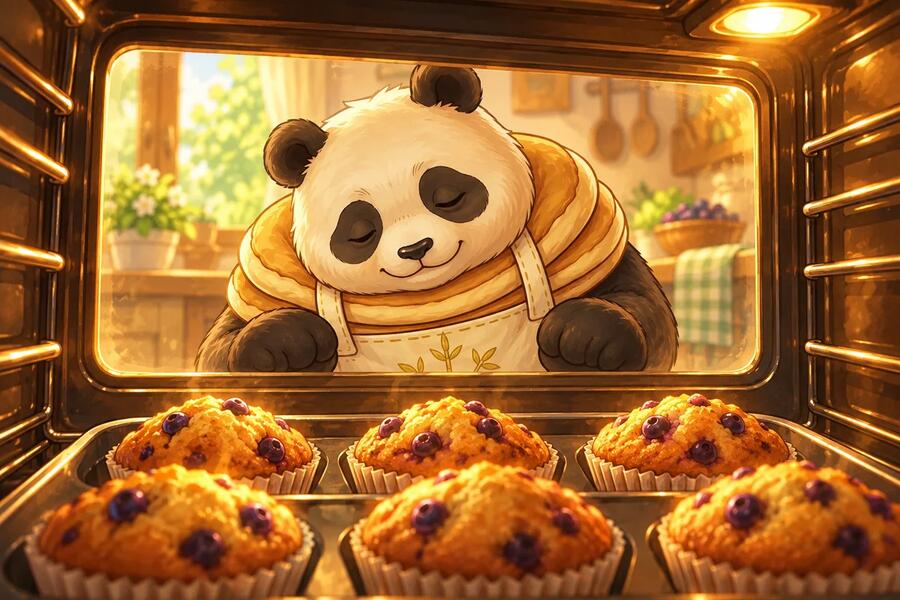 Panda-Cake peeks through the closed oven door at a tray of muffins.