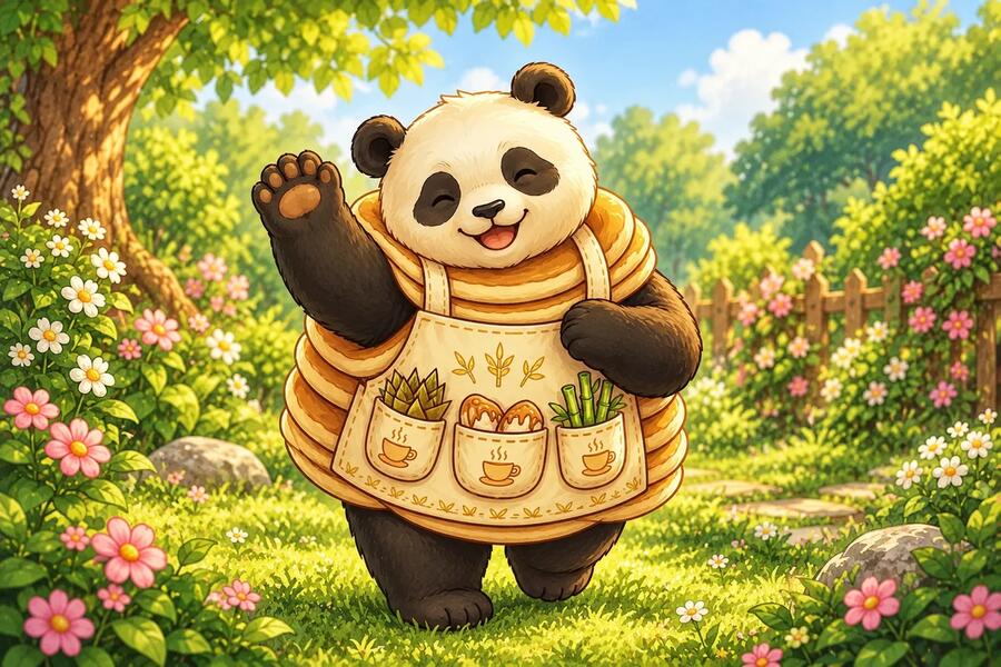 Panda-Cake gives a happy wave in her garden, wearing her pancake wrap and patterned apron.