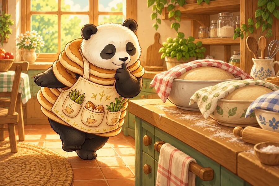 Panda-Cake tiptoes quietly past bowls of rising bread dough.
