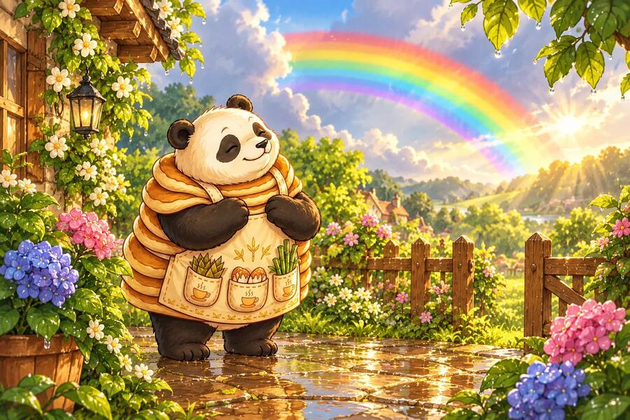 Panda-Cake sees a rainbow above the wet garden after the rain.
