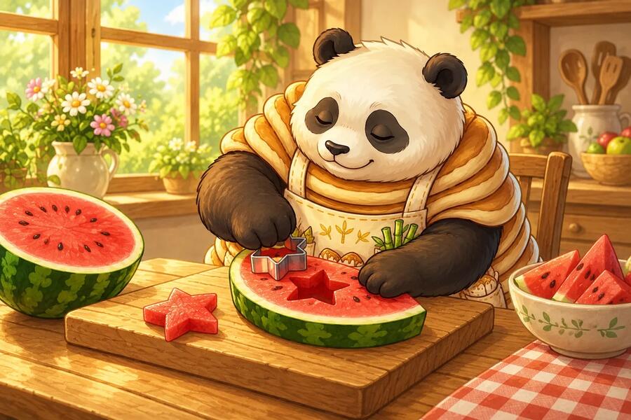 Panda-Cake cuts a star shape from a slice of watermelon.