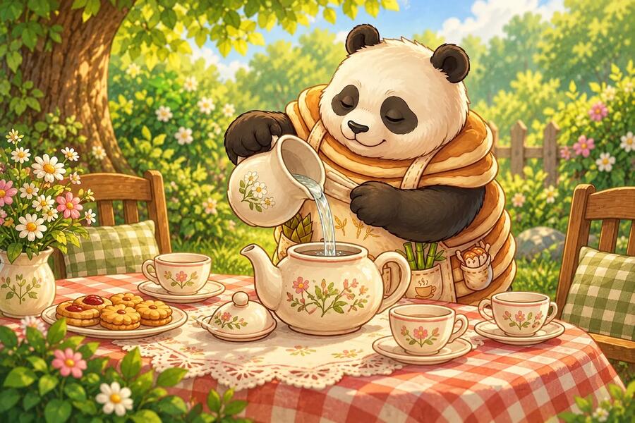 Panda-Cake fills a teapot for a tea party with cups set on the table.