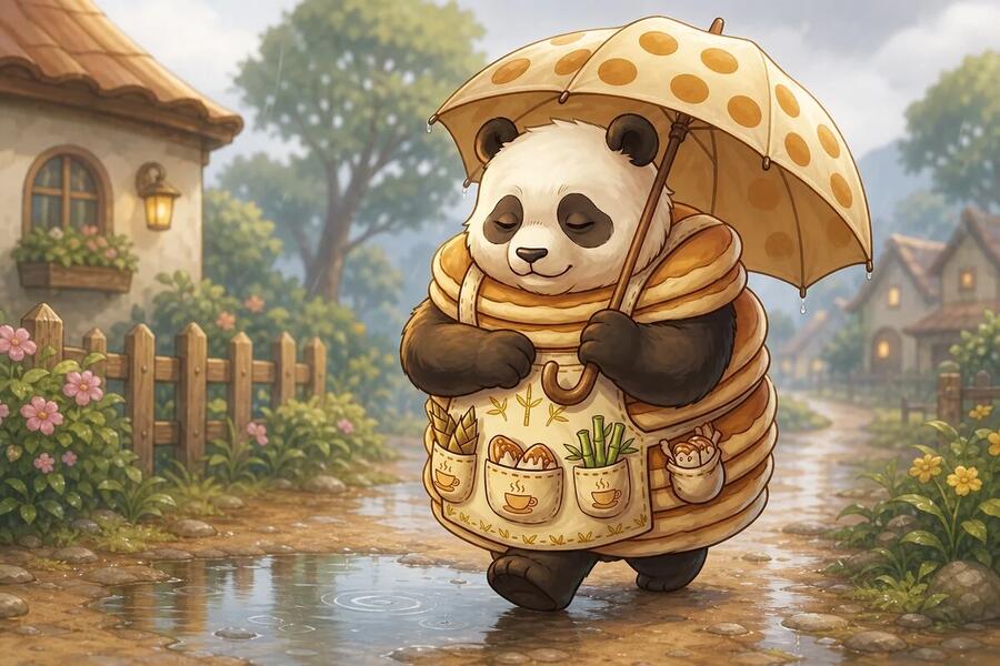 Panda-Cake walks in the rain beneath her spotty umbrella.