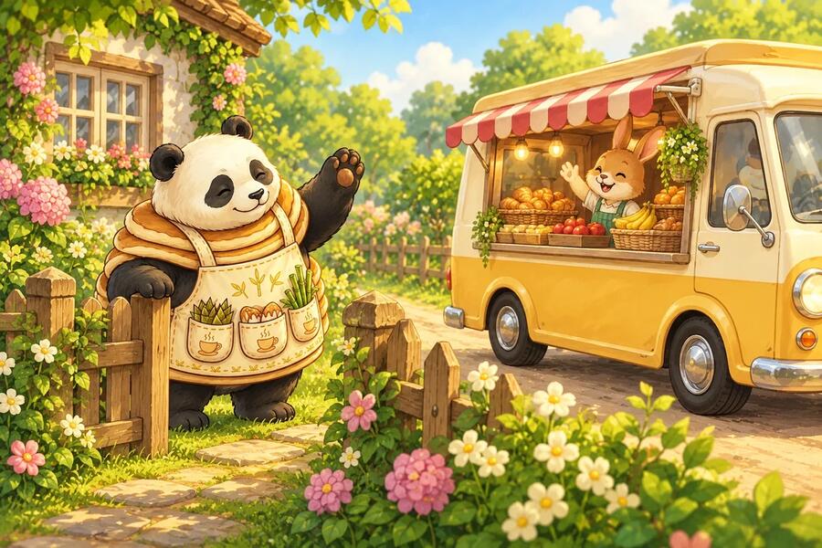 Panda-Cake waves from the garden gate to a passing snack van.