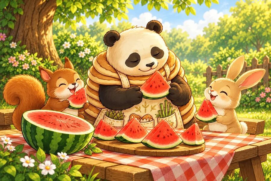 Panda-Cake shares big watermelon slices with a rabbit and squirrel at the picnic.