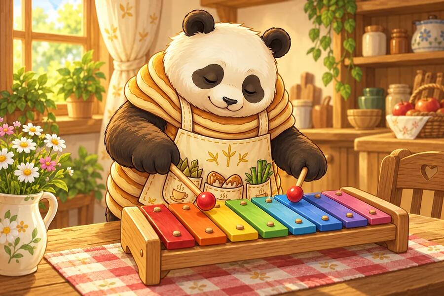 Panda-Cake taps a colourful xylophone with two round-tipped mallets.