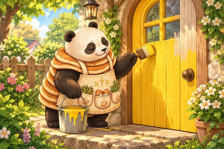 Panda-Cake paints her kitchen door bright yellow.