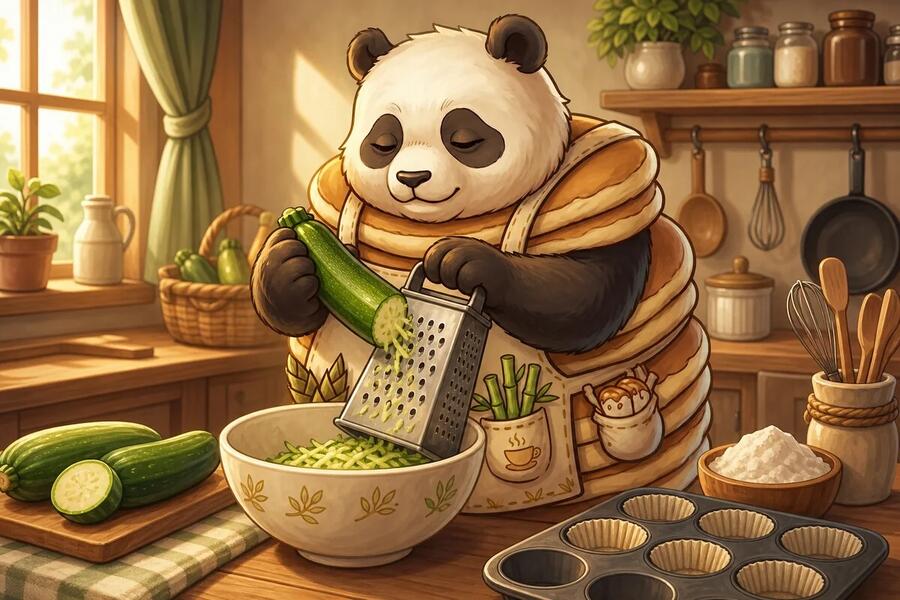 Panda-Cake grates zucchini into a bowl to make muffins.