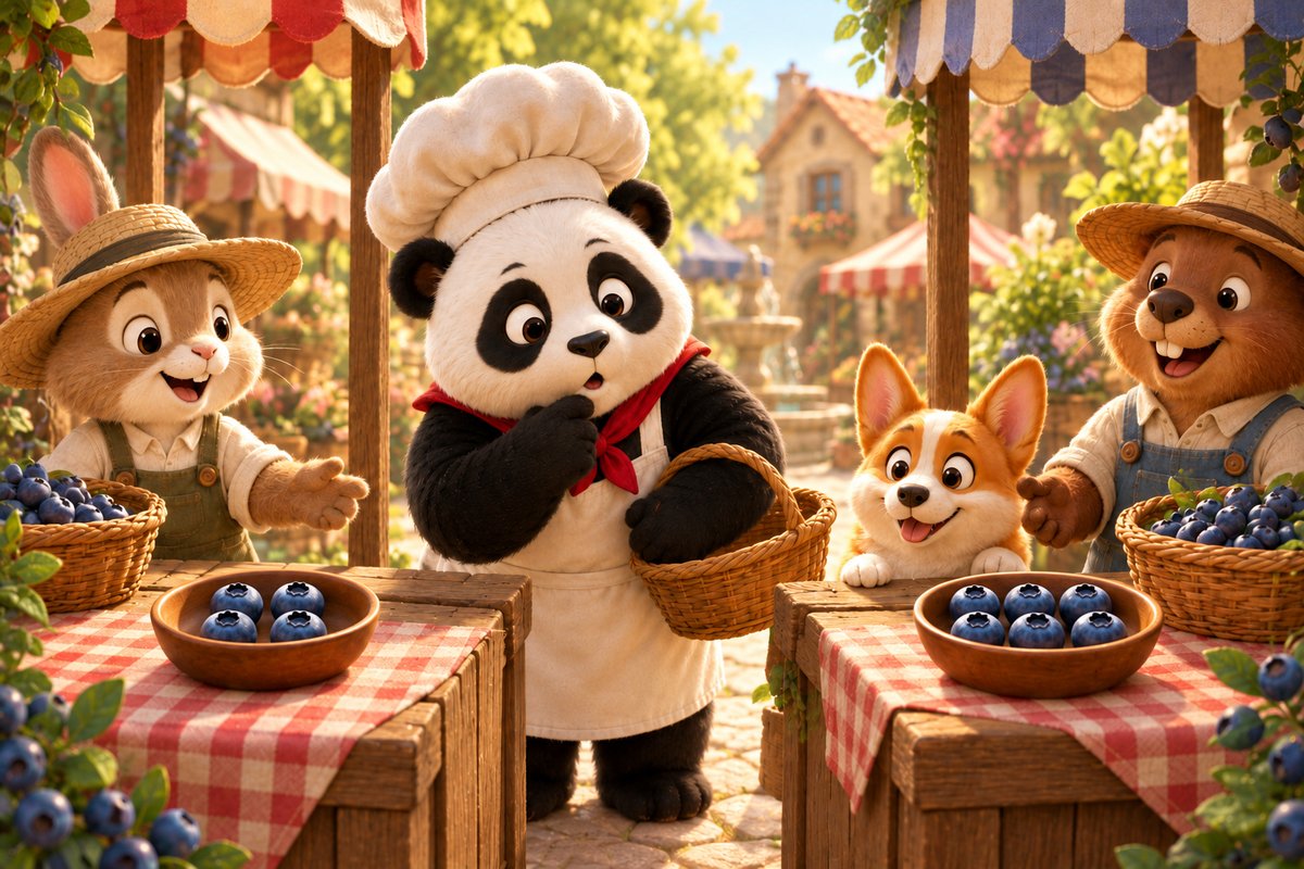 Panda-Cake stands between two market stalls: one bowl holds four blueberries and the other holds six.