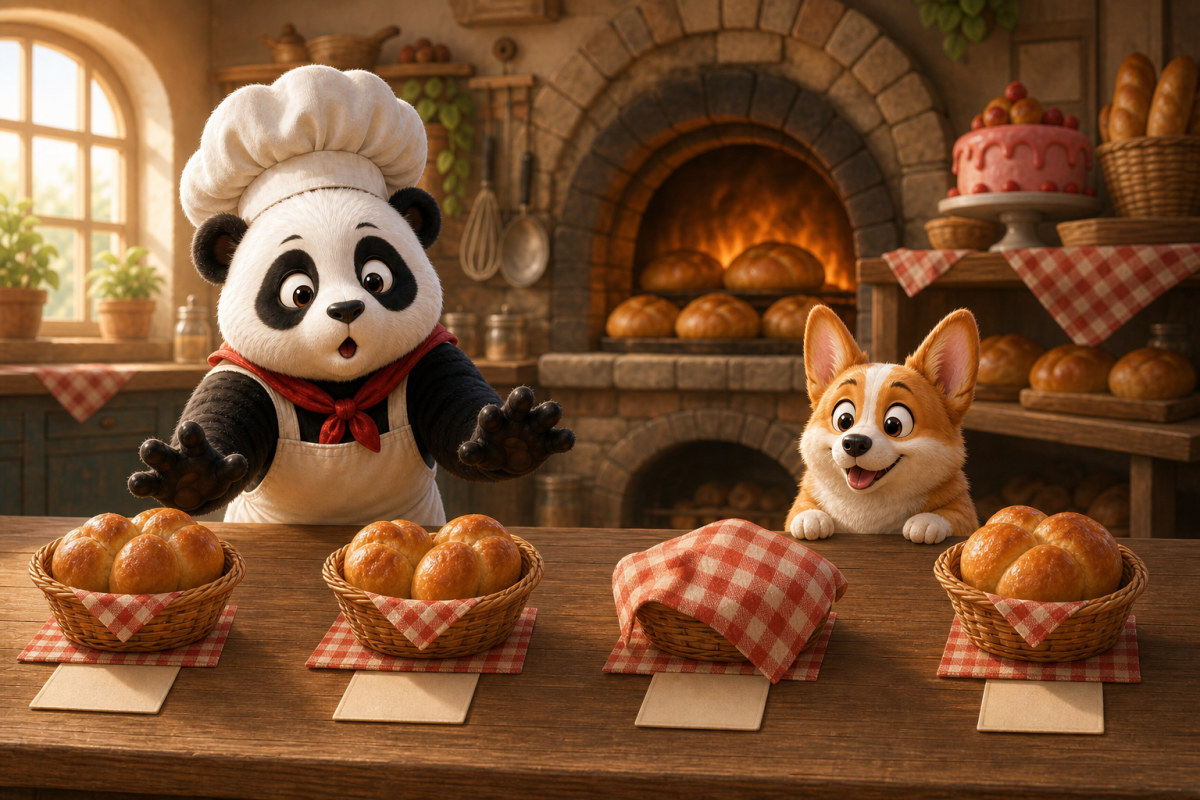Four bread baskets wait on the counter, the third hidden under a checked cloth, as Panda-Cake and Corgi look on.