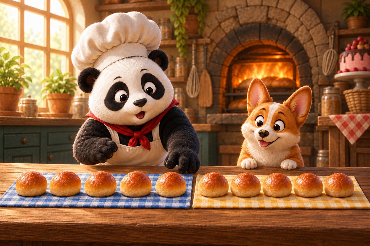 Panda-Cake sets out two rows of five buns, one on a blue cloth and one on a yellow cloth, while Corgi keeps watch.