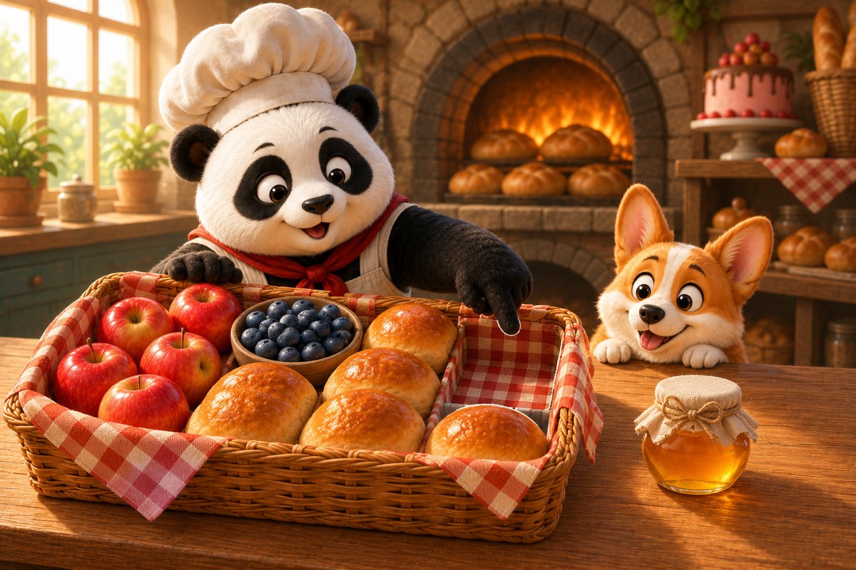 A packed picnic basket of apples, blueberries and buns with one empty corner, and a small jar of honey waiting beside it.