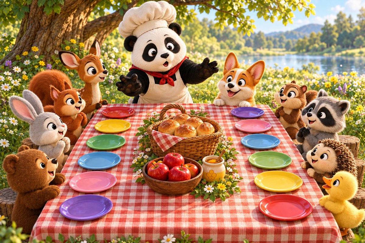 Woodland friends gather round a long picnic table set with twelve colourful plates in two rows of six.