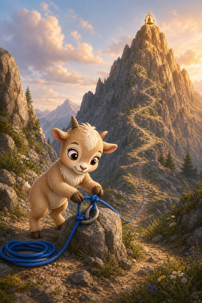 Pita-Pan ties a blue climbing rope on a rocky ledge beneath a distant summit bell.