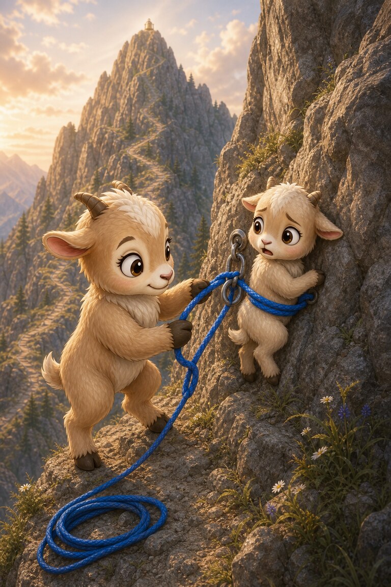 Pita-Pan anchors the blue rope beside a worried younger goat on a narrow ledge.