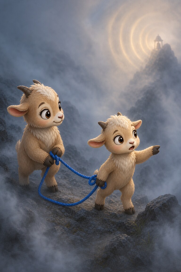 The younger goat points towards the sound of a bell through cloud while Pita-Pan holds their rope.
