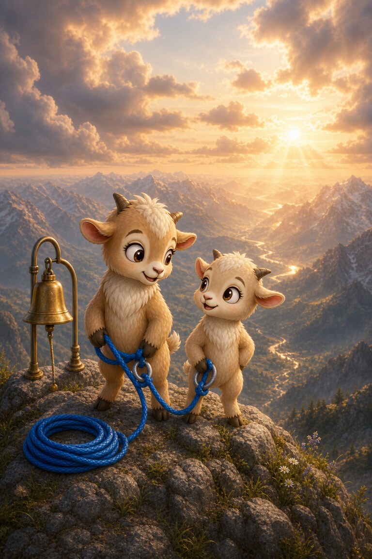The two goats stand together beside the summit bell above a golden valley.