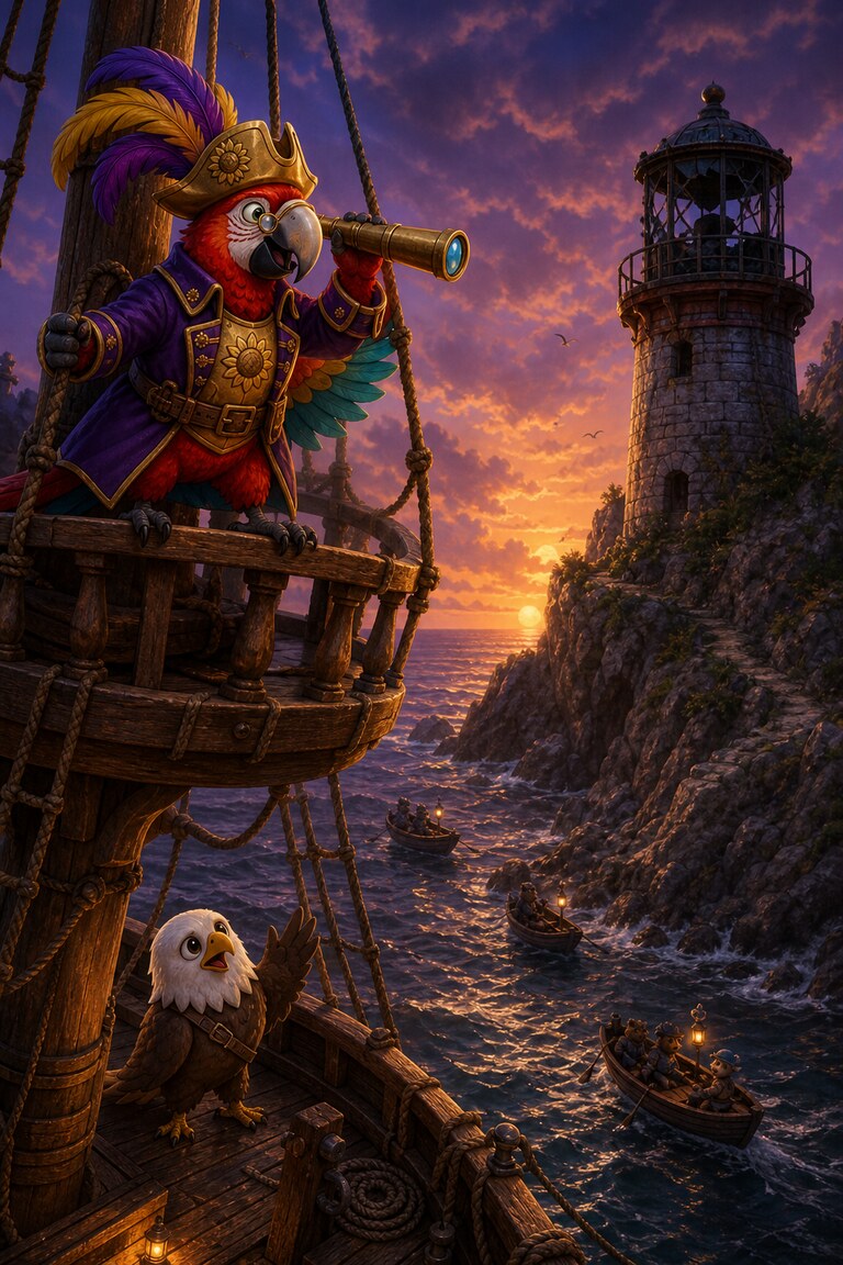 Polly Roger the parrot looks out from the ship's mast towards a dark lighthouse.